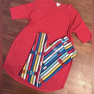 LuLaRoe Red Irma and Multicolor Striped Leggings Set